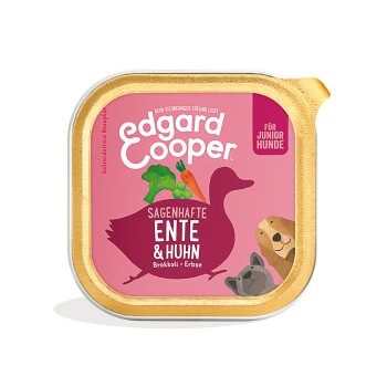 Edgard Cooper Hundefutter für Junghunde, mit Ente und Huhn sowie Brokkoli und Erbsen, in einem pinken und goldenen Behälter.